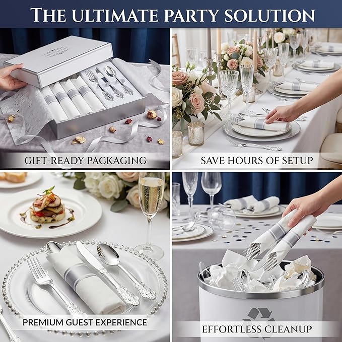 Liacere 400PCS Silver Plastic Silverware - Pre Rolled Napkins Disposable Silver Cutlery-Premium Quality Gold Plastic Utensils - Includes 100Forks,100Knives,100Spoons,100Napkins&Christmas
