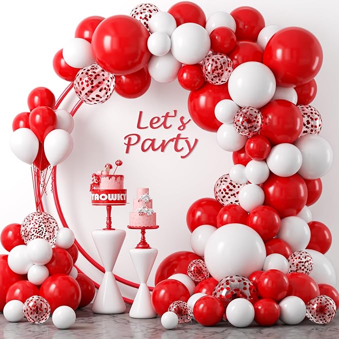 YAOWKY Red and White Balloon Garland Arch kit,124PCS 18 12 10 5 Inch Matte Red Matte White Christmas Latex Balloons and Red Confetti Balloons for Wedding Birthday Party Valentine's Day Decoration
