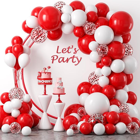 YAOWKY Red and White Balloon Garland Arch kit,124PCS 18 12 10 5 Inch Matte Red Matte White Christmas Latex Balloons and Red Confetti Balloons for Wedding Birthday Party Valentine's Day Decoration