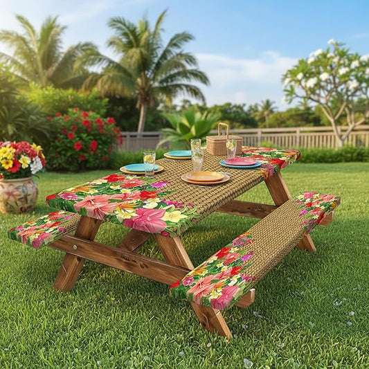 JAWO Hawaiian Tropical Floral Picnic Table Cover with Bench Covers, 3PCS Waterproof Polyester Elastic Fitted Outdoor Tablecloth, Camping BBQ RV Patio Luau Party Essentials with Carry Bag,72in
