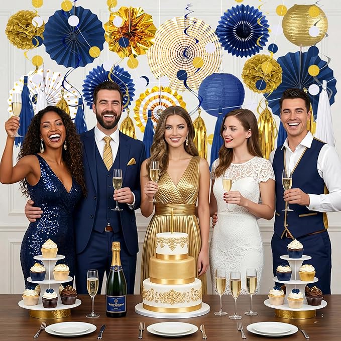 MEIDUO 34 Pcs Blue and Gold Party Decorations, Hanging Paper Lanterns Fans Pom Poms Set, 2026 Blue and Gold Graduation Decorations Supplies, Royal Birthday Decor for Men Boys