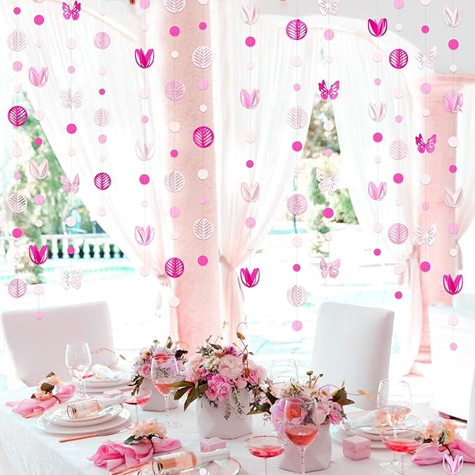 Spring Party Decorations Hot Pink White 3D Butterfly Tulip Flower Leaf Circle Dot Garland Hanging Paper Streamer for Pink Spring Summer Wedding Engagement Bridal Shower Birthday Tea Party Supplies