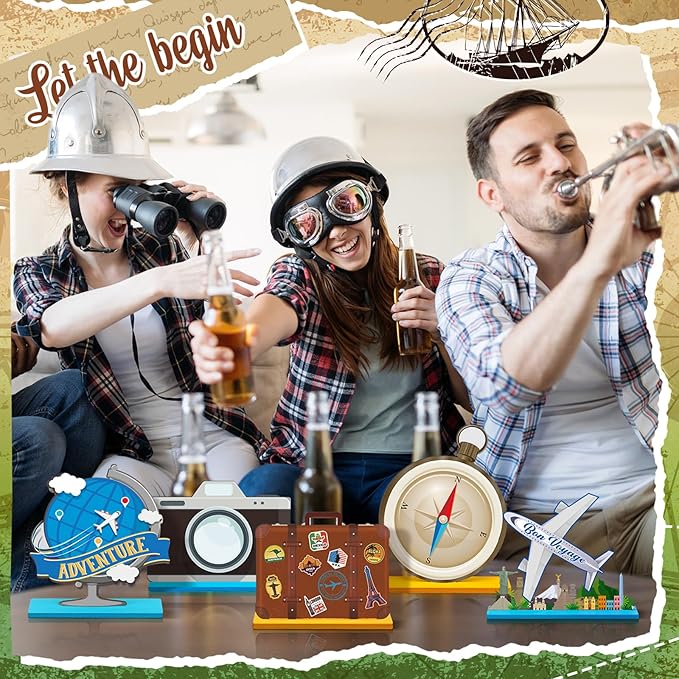 Marsui 12 Pcs Travel Themed Wooden Centerpieces Table Toppers Adventure Awaits Party Decor Travel Around The World Bon Voyage Table Decor Photo Props for Let The Adventure Begin Going Away Party