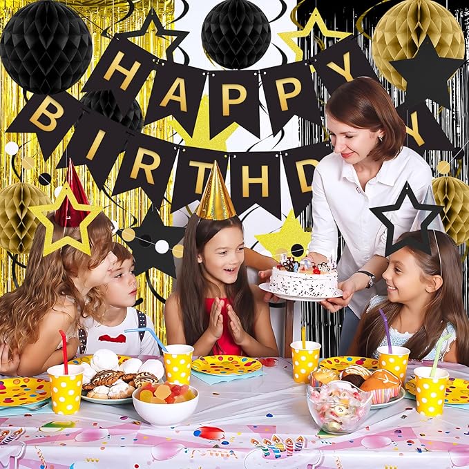 ZERODECO Birthday Decorations, Happy Birthday Banner with Paper Honeycomb, Star Hanging Swirl, Fringe Curtain, Garland, Birthday Party Decorations for Women Men Boys Girls (Black Gold)