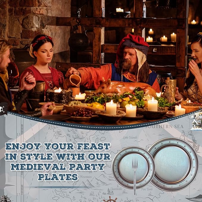 Jingmore 180 Pcs Medieval Party Supplies Disposable Pewter Paper Plates and Forks Tableware Set for Pirate Knight Castle Halloween Decorations Dinner Silver Grey 9" and 7'' Serves 60（Vintage Style）