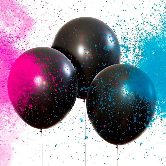 Chameleon Colors Balloon Pop Kit - Gender Reveal Pop Balloons for Baby Boy/Girl Gender Reveal Party or Photoshoot - 70g Color Powder Bags (1 Pink, 1 Blue) & 3 Jumbo Black Balloons