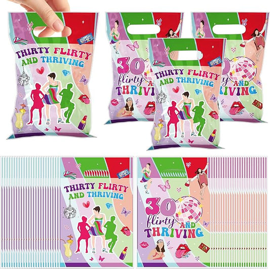MOIZYNG 50Pcs Thirty Flirty and Thriving Birthday Gift Bags with Handles, 30 Flirty and Thriving Plastic Candy Treat Goodie Bags for Women 30th Birthday Party Favors Supplies