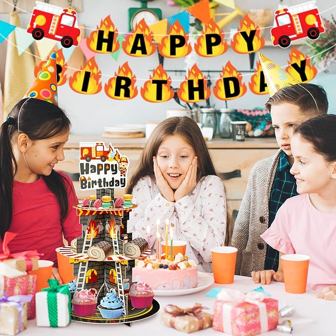Haooryx Firefighter Cupcake Stand - 3 Tier Fire Truck Cupcake Tower Cardboard Happy Birthday Dessert Holder Pastry Platter Kids Adult Firefighter Theme Birthday Party Table Decoration Supplies