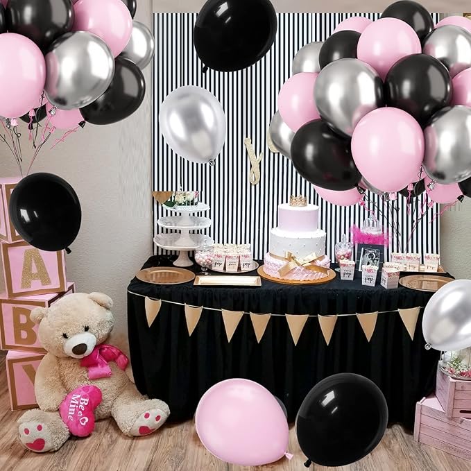 Paready Pink and Black Balloons, 30 Pcs 12 Inch Pastel Pink and Metallic Silver Latex Balloons for Birthday Baby Shower Engagement Anniversary Wedding Bridal Shower Party Graduation Decoration