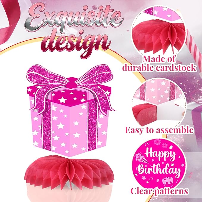 12Pcs Hot Pink Birthday Decorations Honeycomb Centerpieces for Women Girls, Hot Pink Happy Birthday Table Centerpieces for Kids Teens Adults Birthday Party Table Topper Sign Decor Supplies