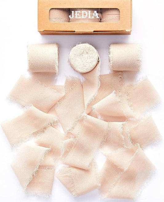 Fall Ribbon, 3 Rolls 1 1/2 inch x 7Yd Handmade Fringe Chiffon Silk Nude Ribbon for Flower Bouquet, Wrapping Ribbons for Gift Wrapping/Crafts, Bridal Bouquets, Bouquet Wrap, DIY Crafts