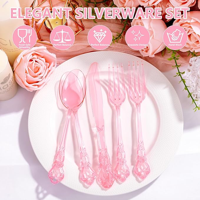 150PCS Pink Plastic Silverware - Heavy Duty Elegant Disposable Utensils - Vintage Baroque Cutlery Set Disposable Includes 50Forks, 50Spoons, 50Knives for Dinner Party Wedding