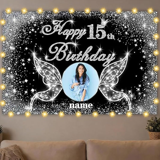 Dicodes Custom Happy Birthday Party Decoration Banner - Angel Wings Theme - Black and Silver