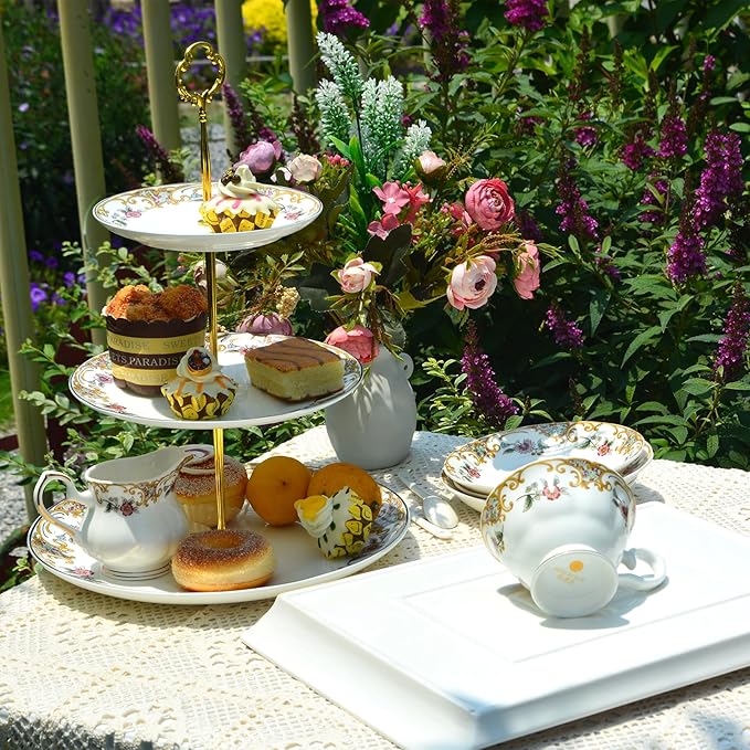 ACMLIFE 3-Tier Serving Stand Porcelain Cupcake Stand 3-Tier Tray Stand Bone China Afternoon Tea Stand Perfect for Tea Party