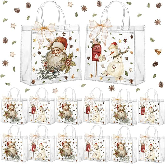 Motipuns 24 Pcs Clear PVC Gift Bags with Handles and Ribbon Party Favor Reusable Plastic Goodie Candy Treat Bags for Birthday Party Supplies(Snowman)