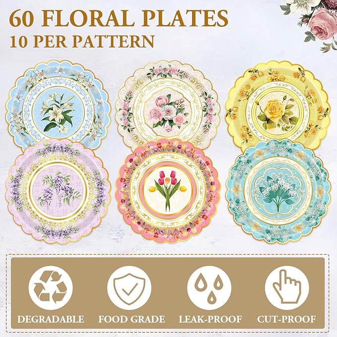 60-Pack Floral Paper Plates, Tea Party Decorations, 9 Inch Disposable Floral Plates for Tea Party, Baby Shower, Bridal Shower, Birthday, Wedding and Any Celebration