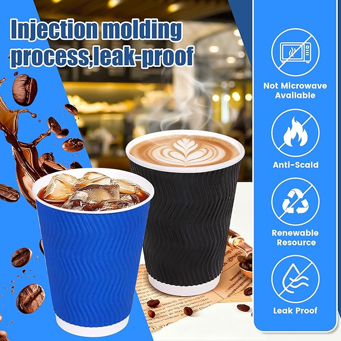 MOUMOULIFE 12 oz Disposable Paper Coffee Cups, 50 Pack 2-Color Assortment (Black & Blue), Leak-Proof Insulated Ripple Wall To-Go Cups for Hot/Cold Drinks, Home Office Cafe Party