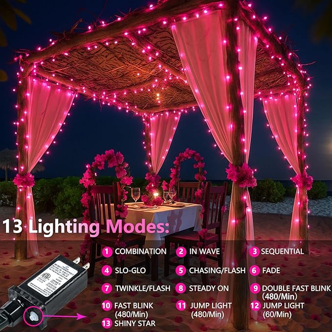 Upgraded Connectable 200 LED String Lights Indoor Outdoor, 66FT Pink Christmas Lights Waterproof, 13 Modes Twinkle Fairy Lights Plug in Clear Wire for Valentine's Day, Bedroom, Classroom Decor