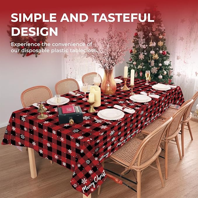 6 Pack Snowflake Tablecloth - Disposable Plastic Table Cover for Christmas Party Decoration Supplies - 54 x 108 Inches (Red Checkered Snowflake)