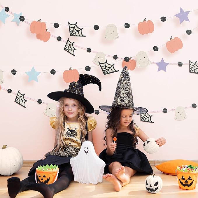 Cheerland Pastel Halloween Garland Cute Halloween Decorations Pastel Spooky Party Pumpkin Flag Spiderweb Ghost Banner Spooky One Boo Birthday Party Supplies Baby Shower Classroom Home Hanging Decor