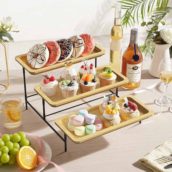 Lifewit 3 Tier Bamboo Serving Tray for Party Supplies, 30 x 17 cm/12" x 6.5" Platters for Serving Food, Reusable Trays with Black Metal Display Stand for Veggie, Fruit, Cookies, Dessert