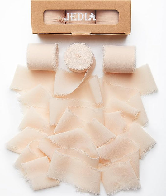 Fall Ribbon, 6 Rolls Champagne Ribbon for Flower Bouquet/Gift Wrapping, 1 1/2 inch x 7Yd Chiffon Ribbons for Crafts, Bridal Bouquets, DIY Crafts