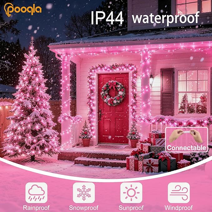 66 ft 200 LED Pink String Lights, Pink Lights Valentine's Day Decorations, Indoor Outdoor Connectable 8 Modes Clear Wire Twinkle Fairy String Lights Plug in for Valentine's Day Wedding Bedroom Party