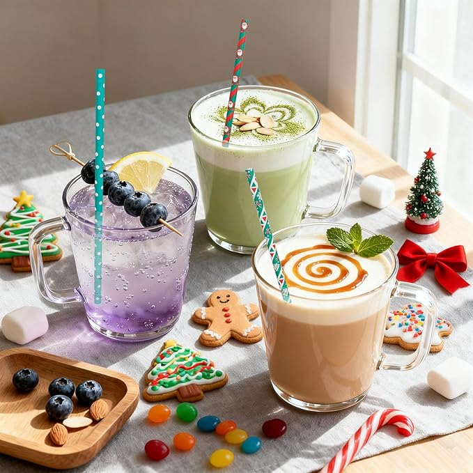 100 Pack Christmas Biodegradable Paper Straws, Red & Green Striped Holiday Drinking Straws, Non-Soggy, Party Supplies for Xmas Decorations, Santa, Festive Celebrations