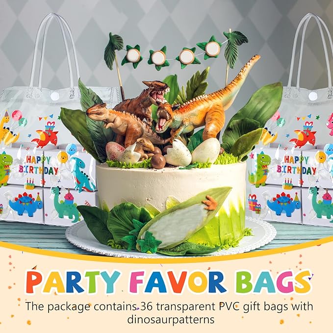 Supervitae 36 Pcs Dinosaur Clear Favor Bags with Handle Reusable Plastic PVC Gift Bag Animal Goodies Treats Wrap Totes for Birthday Party Supplies, 8 x 8 x 3.15 Inch