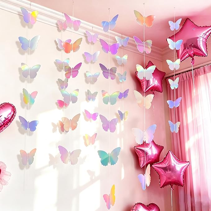 40Ft Iridescent Holographic Butterfly Garland Disco Hanging Streamer Decor for Galentines Valentines Day, Wedding, Bridal Bachelorette Baby Shower & Birthday Party