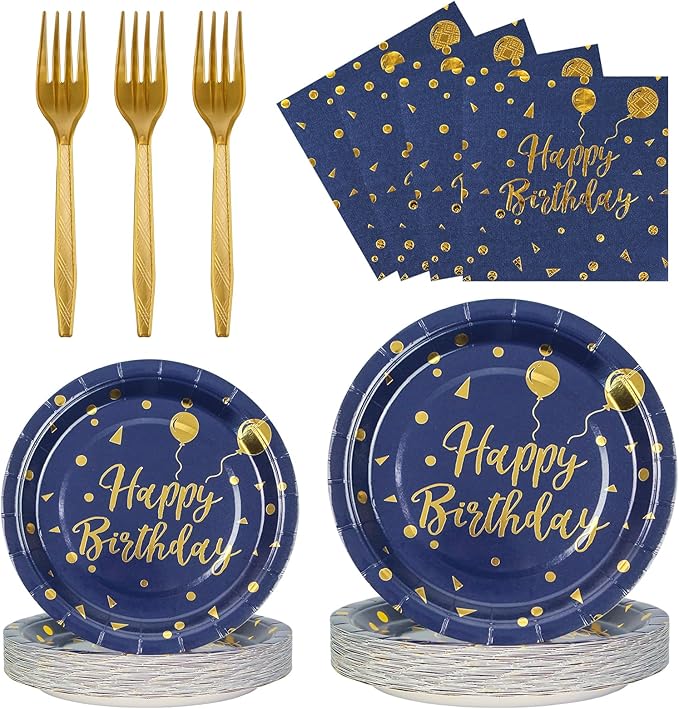 96PCS Happy Birthday Plates and Napkins Party Supplies, Black and Gold Disposable Paper Plates and Napkins with Forks Tableware Set for Birthday Party Decorations 24 Guests (Birthday Blue)