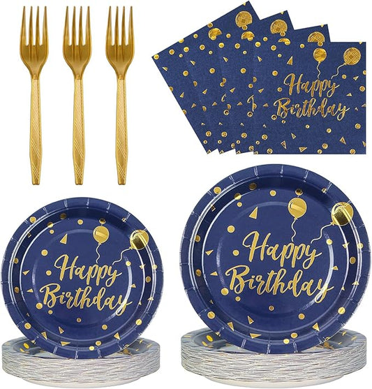 96PCS Happy Birthday Plates and Napkins Party Supplies, Black and Gold Disposable Paper Plates and Napkins with Forks Tableware Set for Birthday Party Decorations 24 Guests (Birthday Blue)