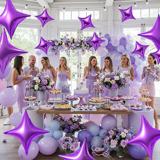 TONIFUL 30Pcs 26In&10In Star Balloons Purple Four Pointed Foil Star Mylar Balloons for New Year Halloween Chrismas Birthday Wedding Anniversary Engagement Party