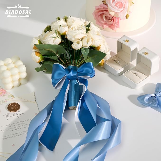 Dusty Blue Satin Ribbon Set, 1 1/2 Inch x 25 Yards, 5 Rolls French Blue Antique Blue Ribbon for Wedding, Flower Bouquet, Gift Wrapping, Hair Bows, Crafts and Party Decorations