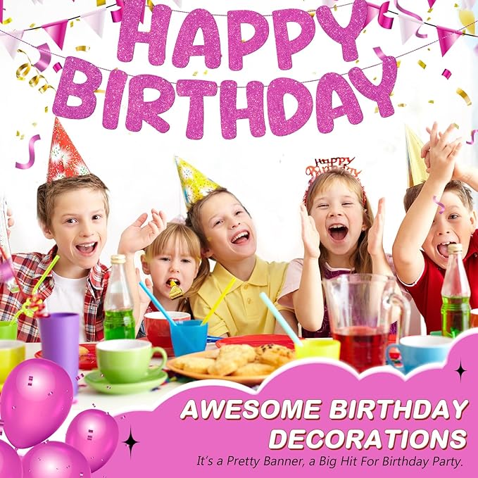 Fulmoon Glitter Pre Strung Happy Birthday Banner No DIY Party Decorations Happy Birthday Sign Decor for Men Women Boy Girls Backdrop(Hot Pink)