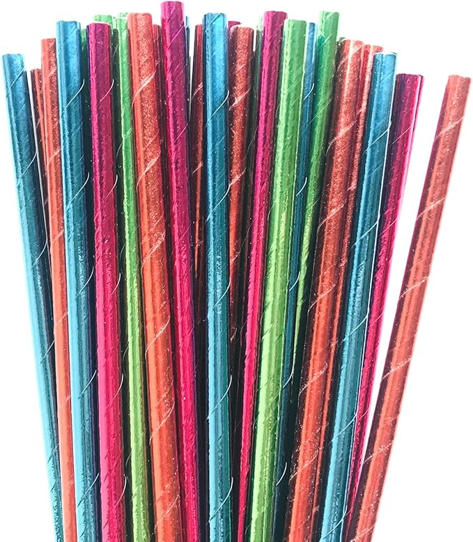 100 pcs Mixed Biodegradable Colorful Party Paper Straws, Colored Pure Plain Hot Pink Blue Red Green Foil Rainbow Drinking Straws Bulk, Holiday Birthday Wedding Cake Pop Sticks (Solid Metallic)
