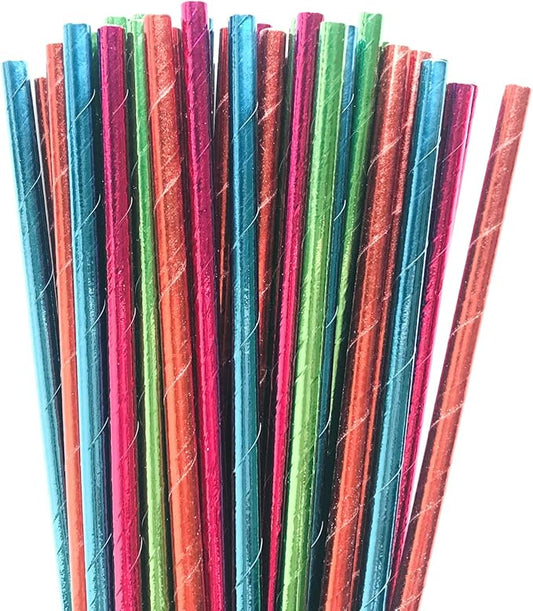 100 pcs Mixed Biodegradable Colorful Party Paper Straws, Colored Pure Plain Hot Pink Blue Red Green Foil Rainbow Drinking Straws Bulk, Holiday Birthday Wedding Cake Pop Sticks (Solid Metallic)