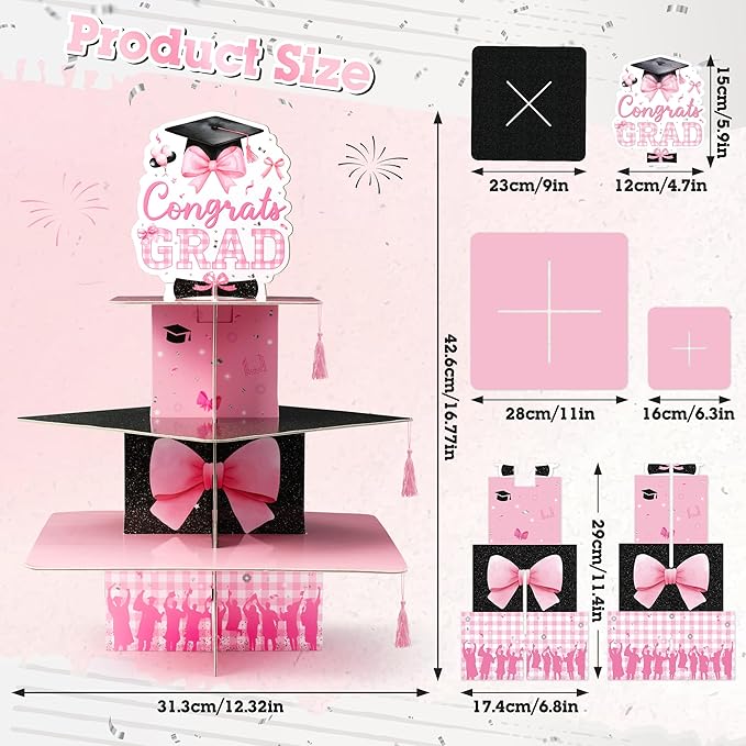 Haooryx Pink Bow Graduation Cupcake Stand - 3 Tier Graduation Hat Tie Cupcake Tower Cardboard Dessert Stand Candy Dount Dessert Holder for College High School Congrats Grad Party Decoration Supplies