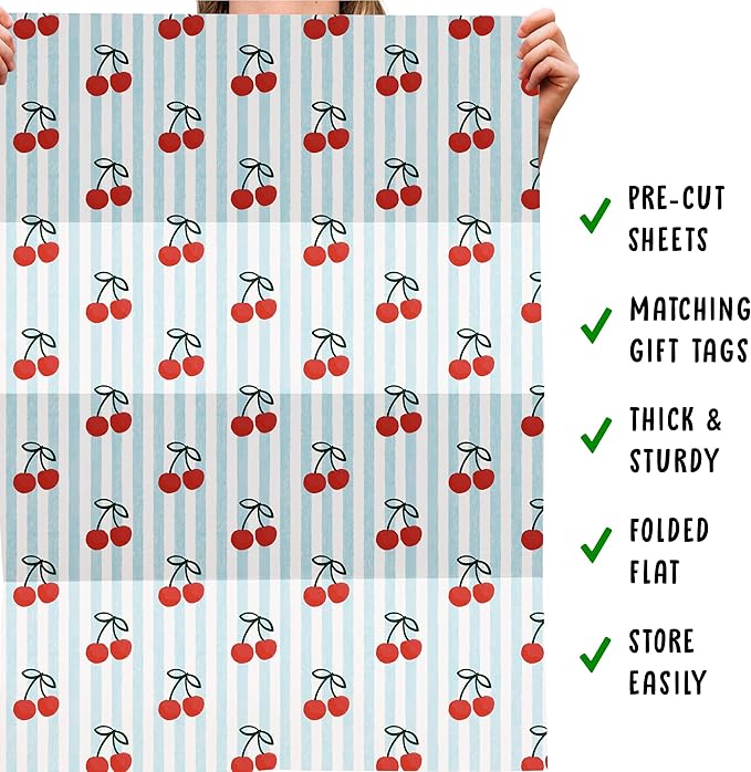 CENTRAL 23 Blue Wrapping Paper - 6 Sheets Cherry Gift Wrap for Women or Friends - Birthday Christmas Wedding Summer Theme - Red Cherries Stripe - Recyclable - Comes with Tags