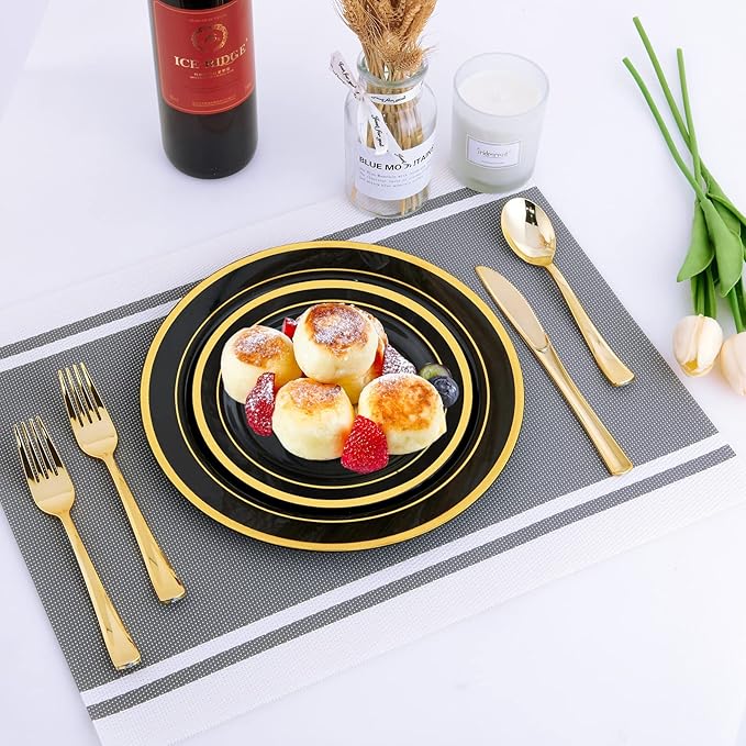 125 Count Halloween Dinner Plastic Plates Include 25 Disposable Dessert Plates & Gold Disposable Silverware, Dinnerware Set Providing for 25 Guests for Party, Wedding