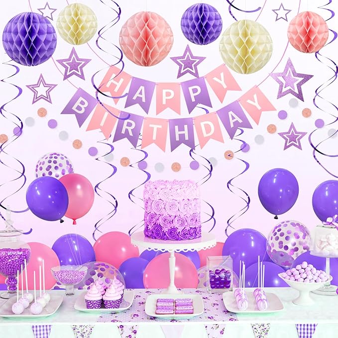 ZERODECO Birthday Decorations, Easy to Assemble Purple Happy Birthday Banner with Honeycomb Ball, Balloon, Hanging Swirl Streamer, Garland, Happy Birthday Party Decorations for Women Girls Kids