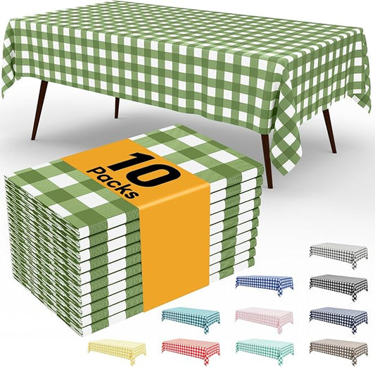 Smiry 10 Pack Sage Green Gingham Disposable Tablecloths - 54" x 108" Heavy Duty Plastic Table Cloth, Waterproof Buffalo Plaid Table Covers for Picnic, Banquets, Outdoor Parties