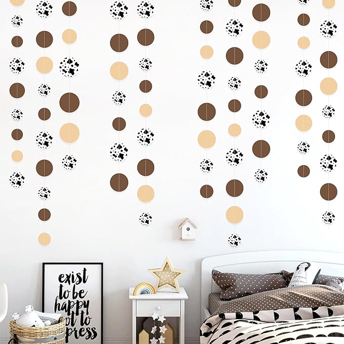 Western Cowboy Party Decorations Brown Khaki Circle Dot with Cow Printed Polka Dots Garland Streamer for My First Rodeo Birthday Baby Shower Wedding Engagement Bachelorette Party Decorations Supplies