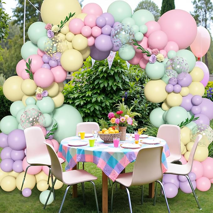 Amandir 153pcs Pastel Balloons Garland Arch Kit, Different Sizes 18 12 10 5inch Pastel Pink Yellow Green Purple Confetti Balloons for Bunny Hunt Spring Baby Shower Birthday Party Decorations