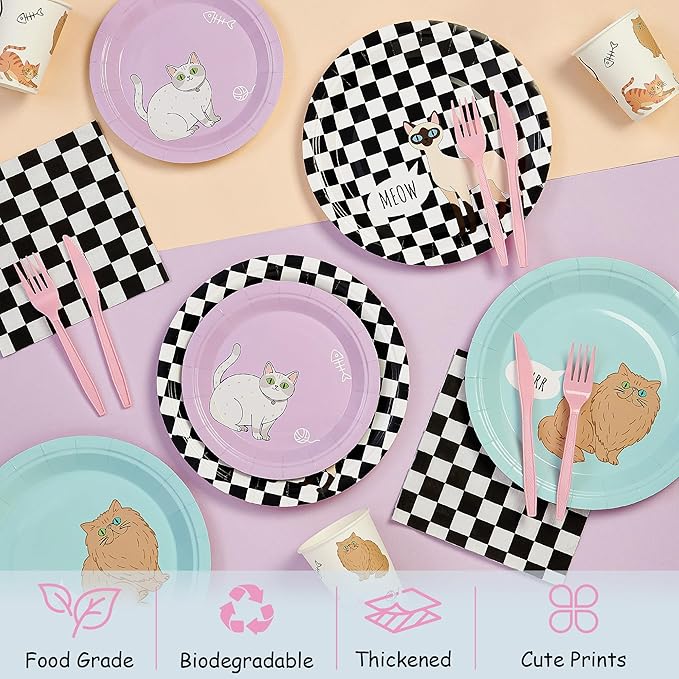 144Pcs Cat Birthday Party Supplies Decorations Cat Themed Paper Plates Napkins Vintage Party Tableware Disposable Pet Dinnerware Set for Kids Birthday Baby Shower Table Decor, Serve 24