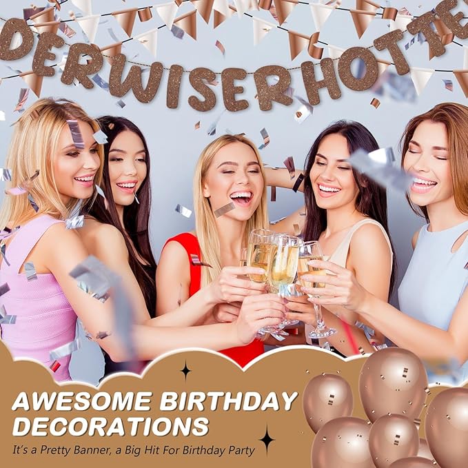 Fulmoon Set of 3 Pre Strung Older Wiser Hotter Glitter Banner Funny Birthday Banner for Women 30th 40th 50th 60th 70th 80th Birthday Party Decorations Sign Gift (Brown)
