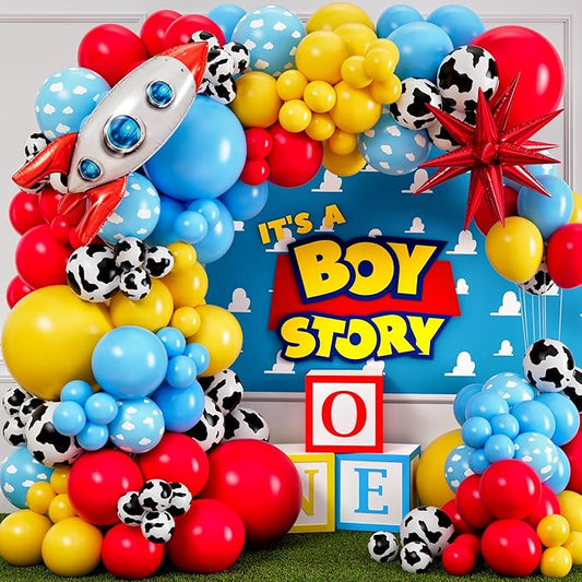 ALL-IN-1 Toy themed Balloons Arch Kit for It's A Boy Story Baby Shower Decorations – Boy Balloon Garland Kit with Cloud & Cow printed Balloons for First Toys Birthday Party Supplies