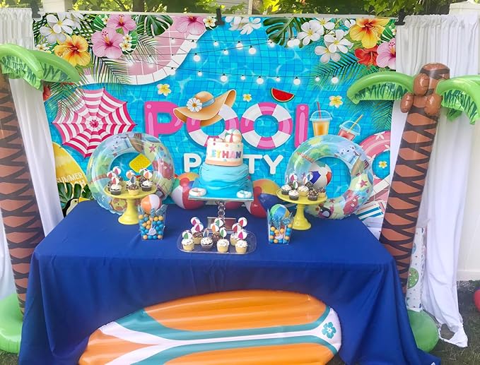 Mocsicka Summer Pool Party Backdrop Swimming Beach Ball for Kids Girls Birthday Party Decorations Pool Flamingo Lifebuoy Summer Photography Background (Blue, 7x5ft(82''x60''))