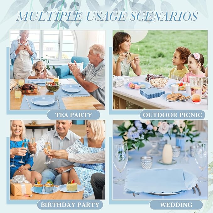 120 Pcs Light Blue Paper Plates and Napkins Party Supplies Bulk Disposable 7 Inch Scalloped Plates Cocktail Napkins for Wedding Bridal Baby Shower Birthday Decorations, Serve 60 Guests