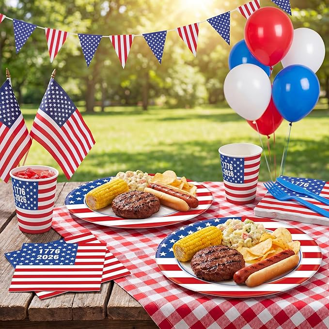 Pajean 350 Pcs 4th of July Party Decorations 12 inch Disposable Patriotic Oval Plates and Napkins Heavy Duty American Flag Paper Tableware Set for 50 Guests 250th Independence Party Supplies